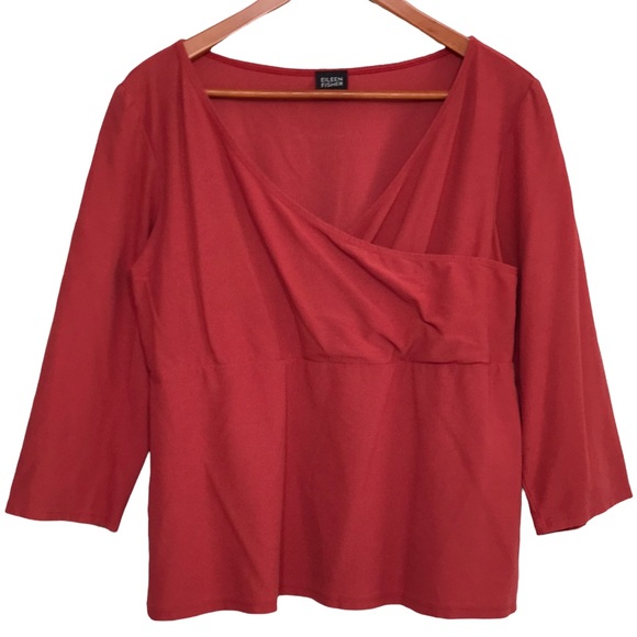 Eileen Fisher Tops - Eileen Fisher Rust Red Faux Wrap V Neck Blouse 3/4 Sleeve Blouse Top Size Large